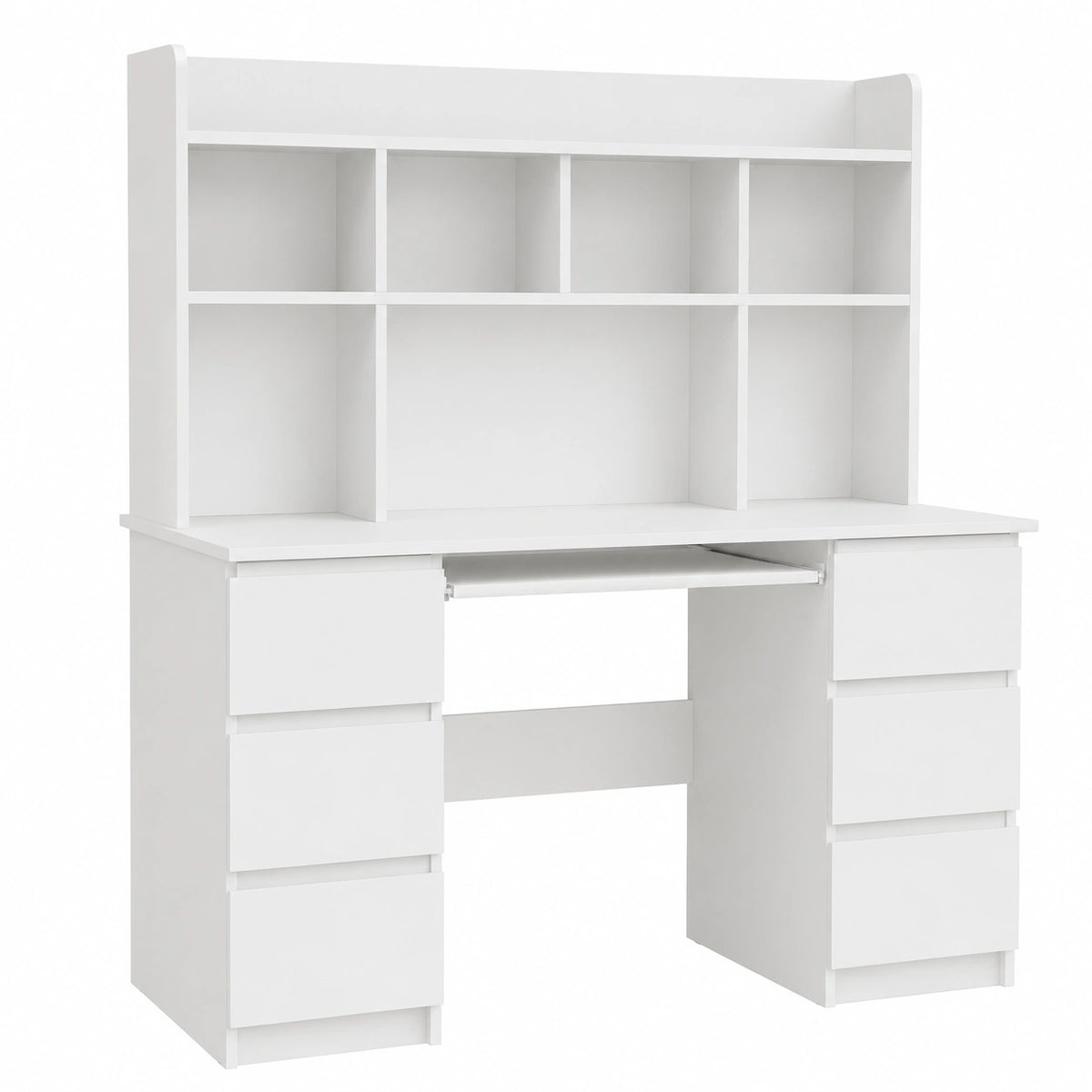 Scrivania con Libreria Superiore 6 Cassetti Ripiano Tastiera, Tavolo Lavoro PC Computer Bianco Moderno per Camera Ragazzi Studio Ufficio Smart