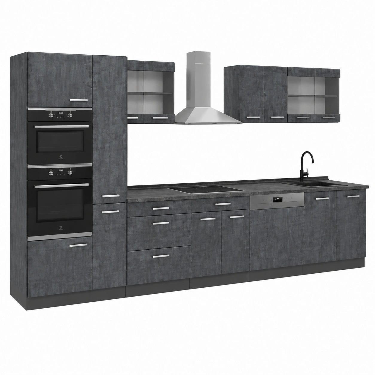 Vicco Cucina completa R-Line, Calce nera, antracite, 350 cm, 9 Moduli ¡¤ Piedini regolabili in altezza ¡¤ Piano di lavoro incl. ¡¤ Ante robuste ¡¤