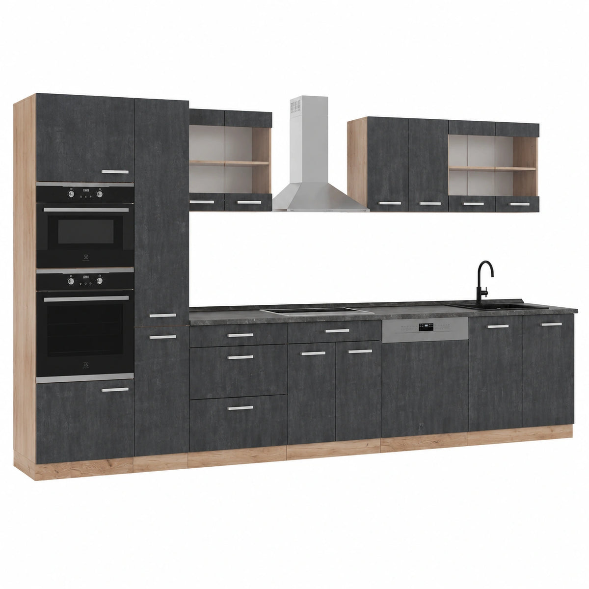 Vicco Cucina completa R-Line, Calce nera, Rovere dorato, 350 cm, 9 Moduli ¡¤ Piedini regolabili in altezza ¡¤ Piano di lavoro incl. ¡¤ Ante robuste ¡¤