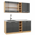 Vicco Cucina completa R-Line, Antracite lucido, Rovere, 160 cm, 6 Moduli ¡¤ Piedini regolabili in altezza ¡¤ Piano di lavoro incl. ¡¤ Ante robuste ¡¤