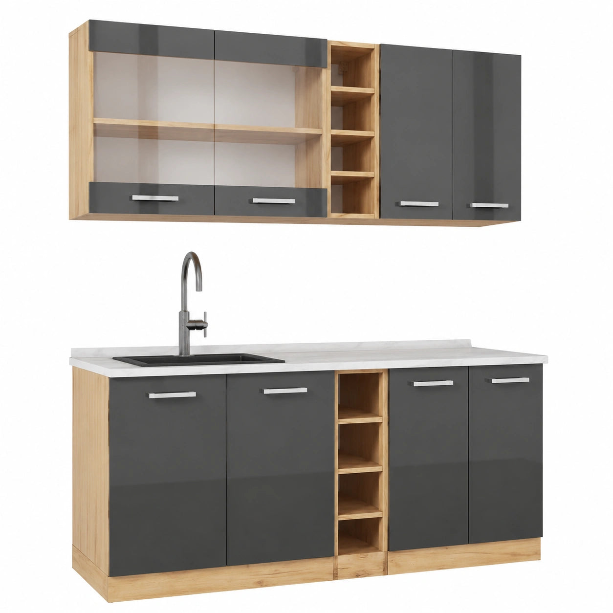 Vicco Cucina completa R-Line, Antracite lucido, Rovere, 160 cm, 6 Moduli ¡¤ Piedini regolabili in altezza ¡¤ Piano di lavoro incl. ¡¤ Ante robuste ¡¤