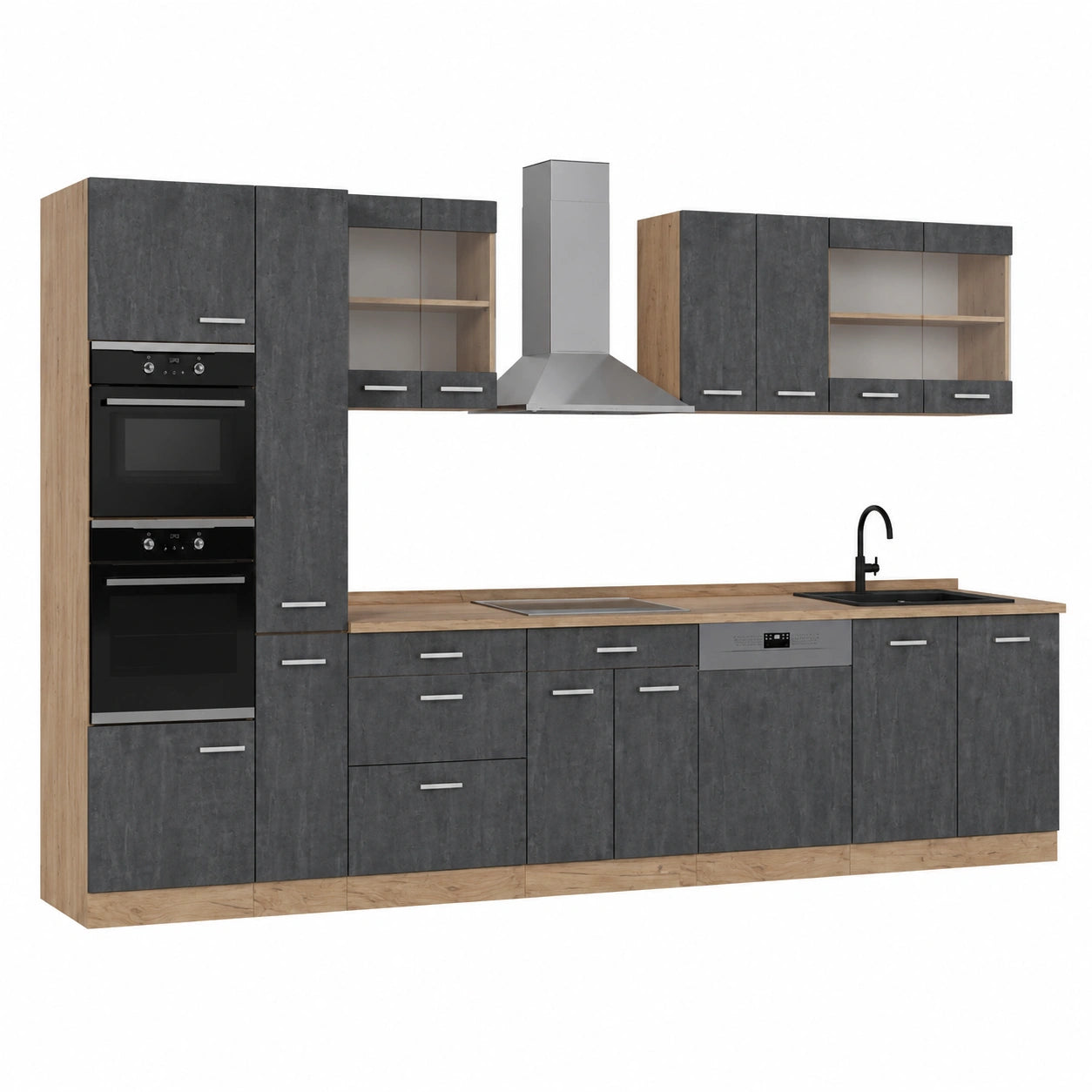 Vicco Cucina completa R-Line, Calce nera, Rovere dorato, 350 cm, 9 Moduli ¡¤ Piedini regolabili in altezza ¡¤ Piano di lavoro incl. ¡¤ Ante robuste ¡¤