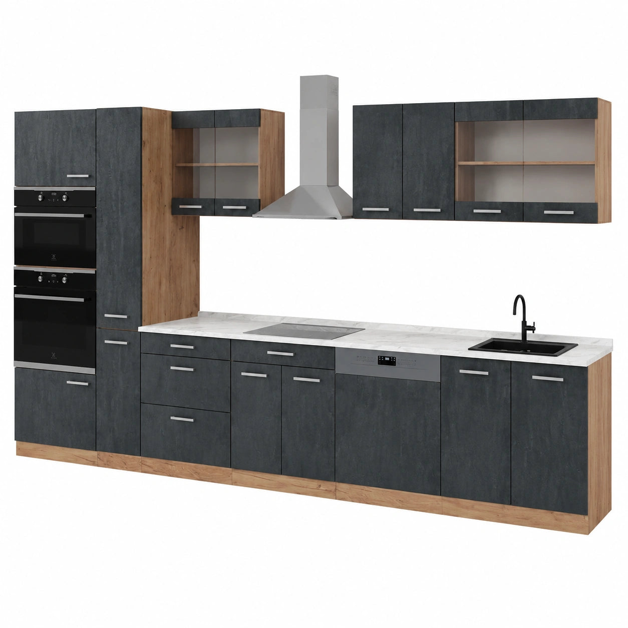 Vicco Cucina completa R-Line, Calce nera, Rovere dorato, 350 cm, 9 Moduli ¡¤ Piedini regolabili in altezza ¡¤ Piano di lavoro incl. ¡¤ Ante robuste ¡¤