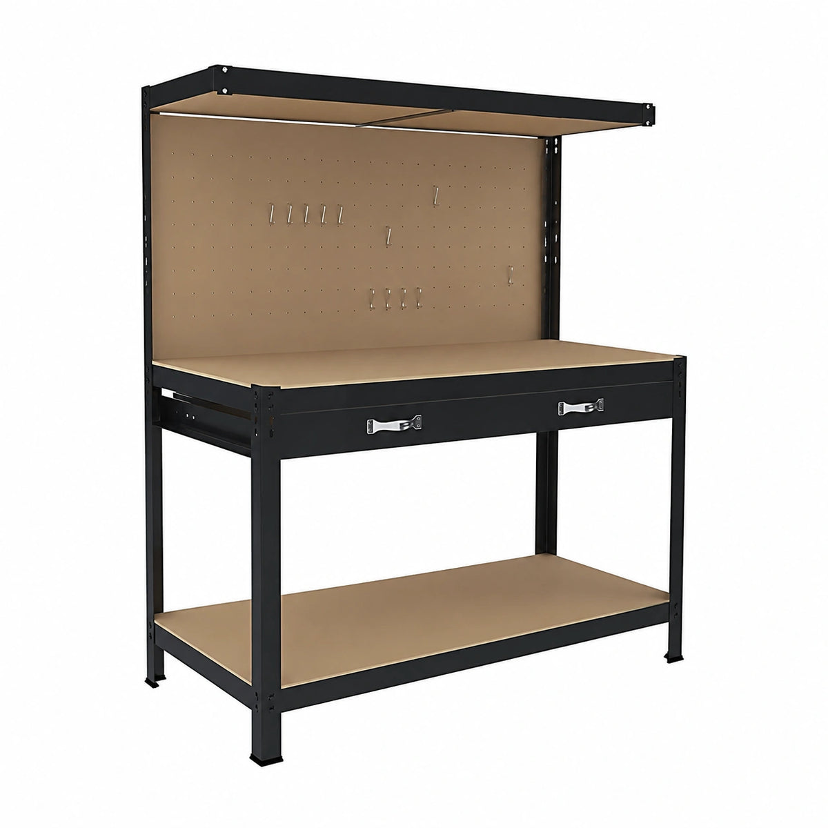 Tavolo Da Lavoro A 3 Livelli Con Piano 120 ¡Á 60 cm Portata Fino a 370 Kg Con Cassetto e Parete Pannello Forato Porta Attrezzi Utensili Ideale Garage